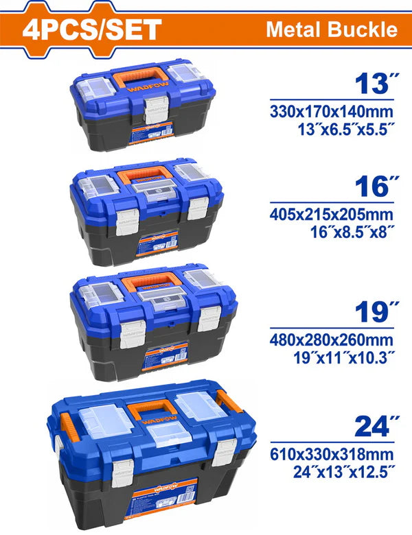 WADFOW 4 Pcs Plastic Tool Boxes Set 13" 16" 19" 24" Portable Tool Organizer WTB4104 Wadfow