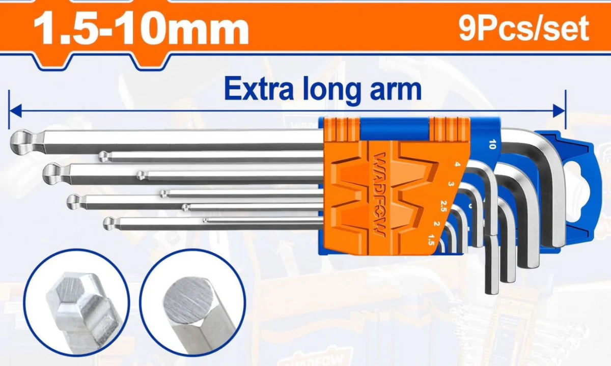 WADFOW 9-Piece Extra Long Arm Ball-Point Hex Key Set 1.5mm to 10mm Cr-V Metric Allen Wrench WHK2292 Wadfow