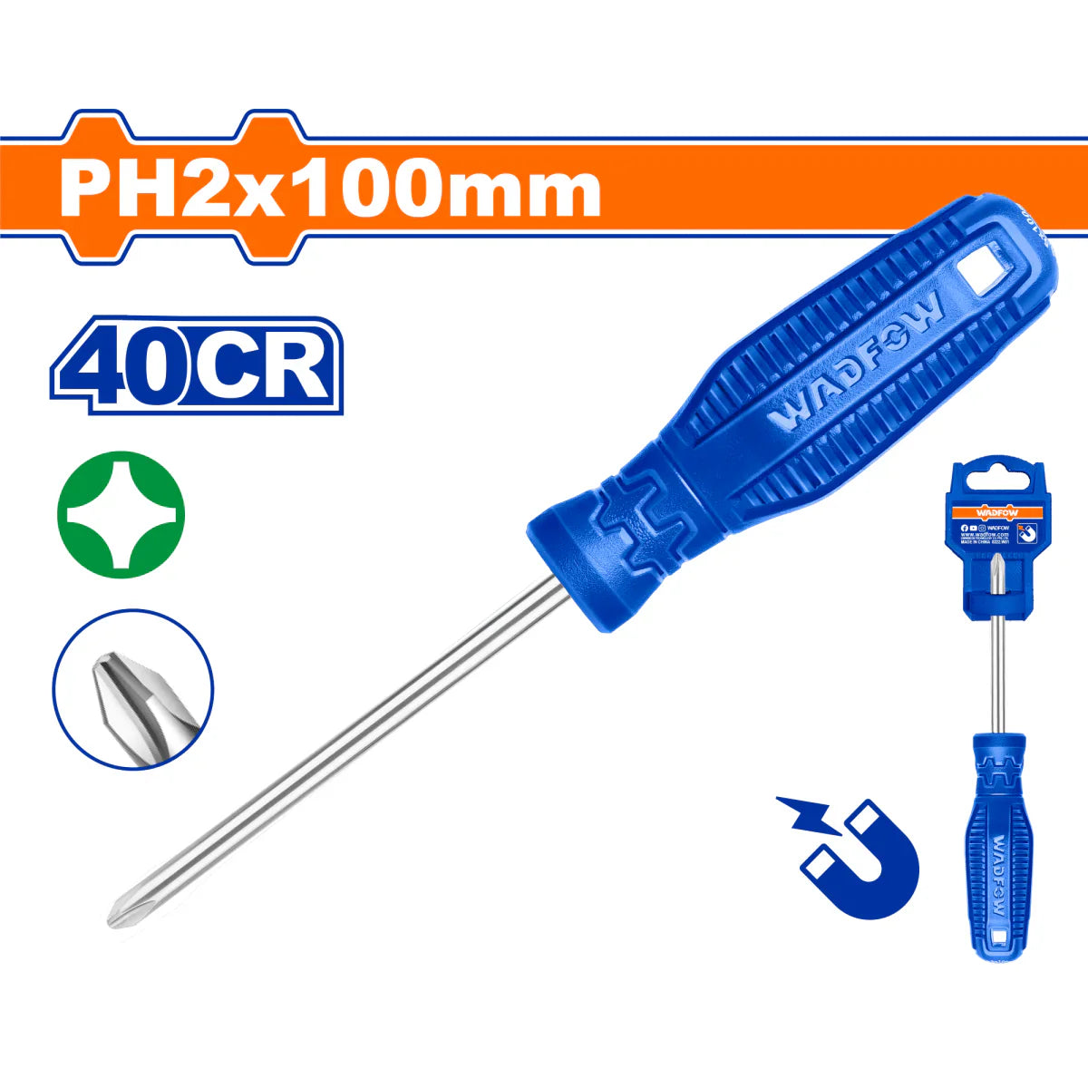WADFOW PH2 x 100mm Phillips Cross Head Screwdriver with Magnetic Tip WSD4224