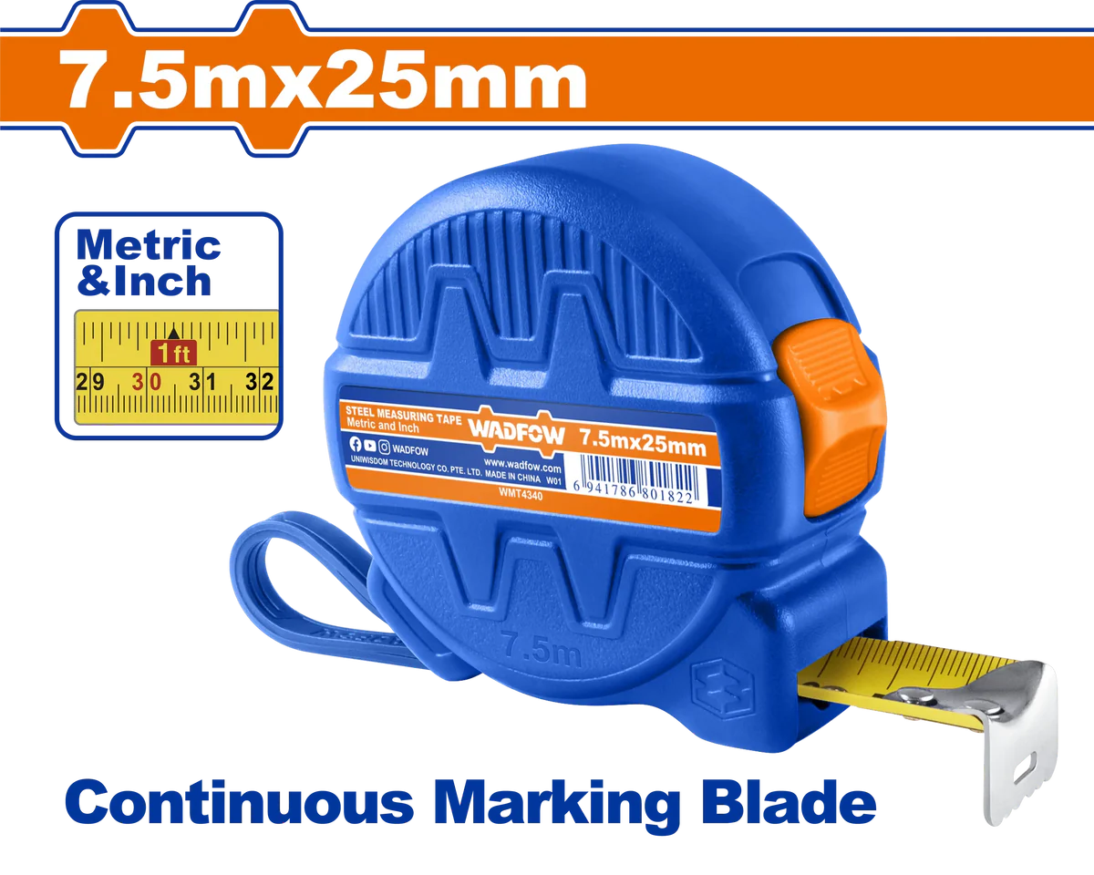 WADFOW 10m x 25mm Steel Measuring Tape Metric & Inch Retractable Meter WMT4340 Wadfow