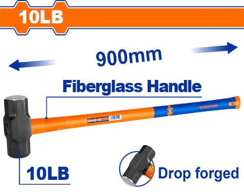 WADFOW 10lb Sledge Hammer 900mm Long Reach Fiberglass Handle Drop Forged Carbon Steel Demolition Stoning Hammer WHM4310 Wadfow