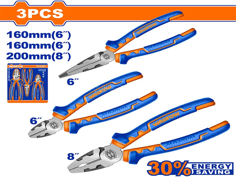 WADFOW 3-Piece High-Leverage Pliers Set with Combination, Diagonal, and Long Nose Pliers WPS0613